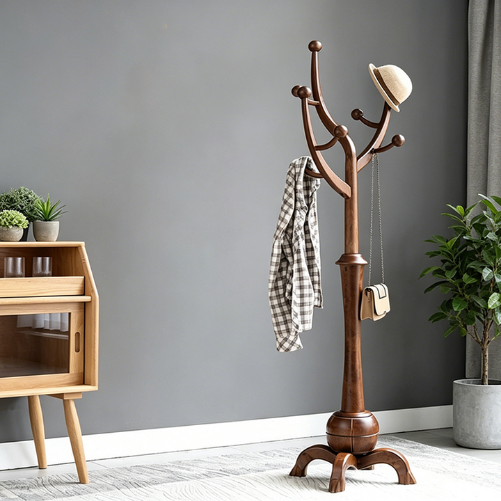 Traditional Vintage Rubberwood Eucalyptus Wood Hall Tree - Round Branch Hooks Freestanding Coat Rack For Entryway & Bedroom