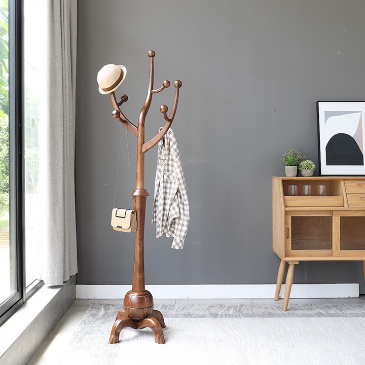 Traditional Vintage Rubberwood Eucalyptus Wood Hall Tree - Round Branch Hooks Freestanding Coat Rack For Entryway & Bedroom