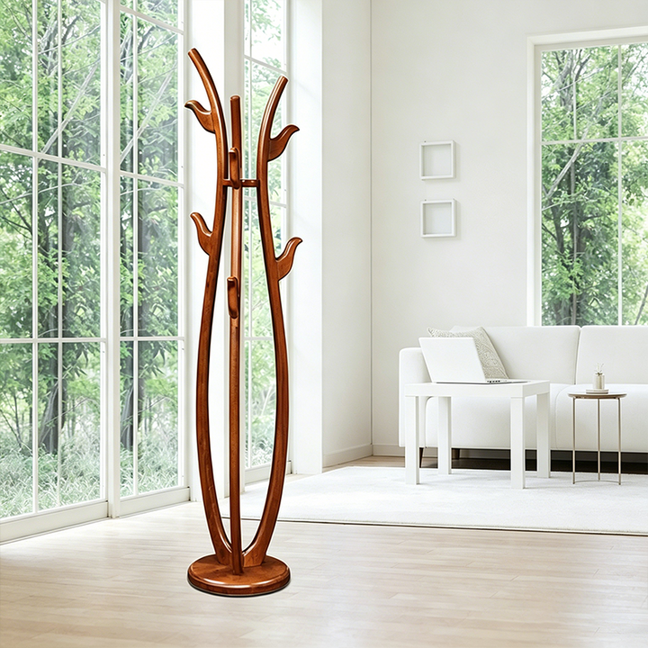Traditional Vintage Rubberwood Freestanding Coat Rack -Sculptural Curved Hooks Hall Tree For Entryway & Bedroom