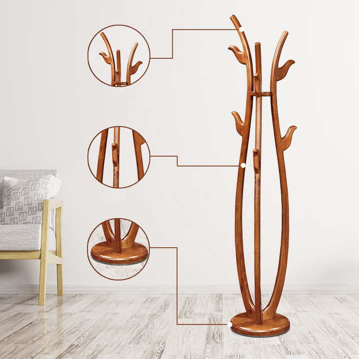 Traditional Vintage Rubberwood Freestanding Coat Rack -Sculptural Curved Hooks Hall Tree For Entryway &amp; Bedroom
