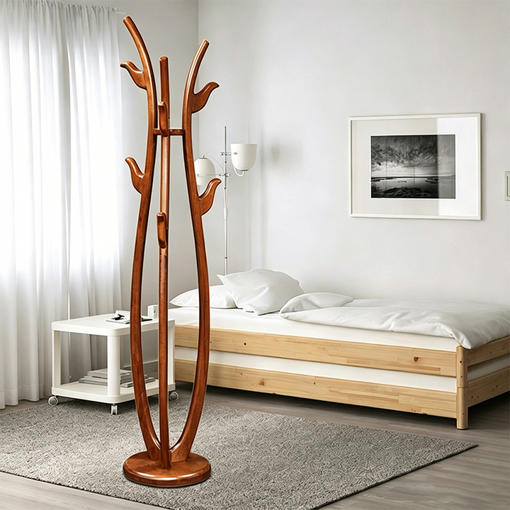 Traditional Vintage Rubberwood Freestanding Coat Rack -Sculptural Curved Hooks Hall Tree For Entryway & Bedroom