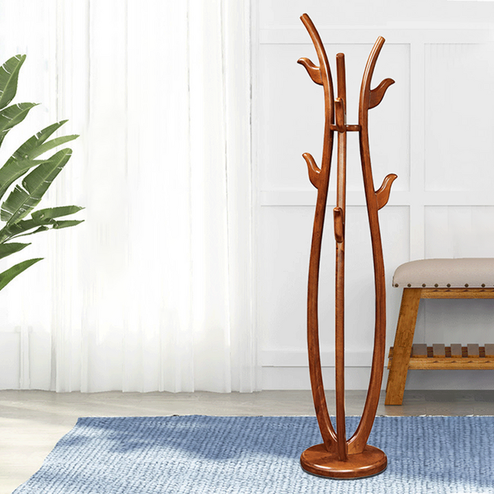 Traditional Vintage Rubberwood Freestanding Coat Rack -Sculptural Curved Hooks Hall Tree For Entryway &amp; Bedroom