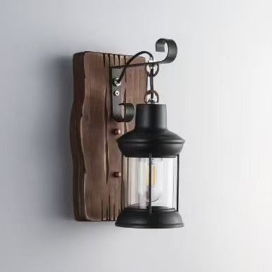 Traditional Rustic Cylinder Glass Iron Wooden Base 1-Light Wall Sconce Lamp For Living Room