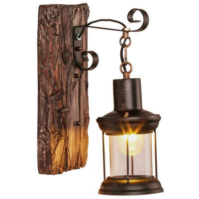 Glass Iron Wooden Base 1-Light Cylinder Sconce Lamp