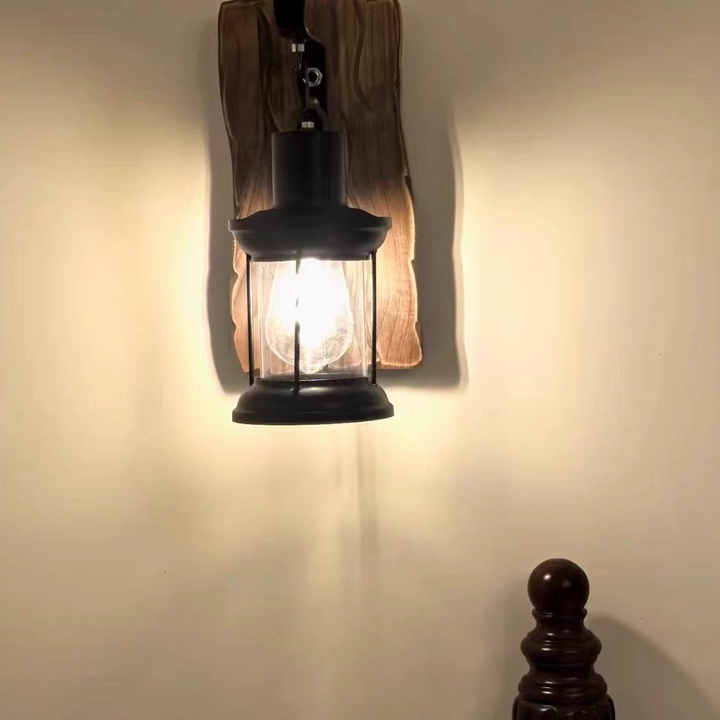 Traditional Rustic Cylinder Glass Iron Wooden Base 1-Light Wall Sconce Lamp For Living Room