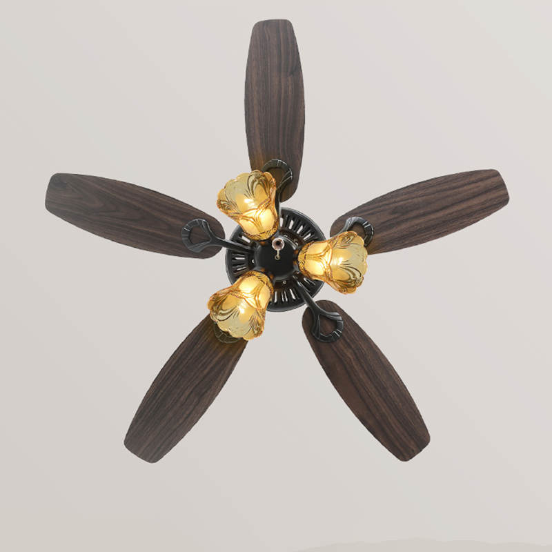 Lámpara de ventilador de techo con varillas descendentes y pantalla de campana europea tradicional para sala de estar 