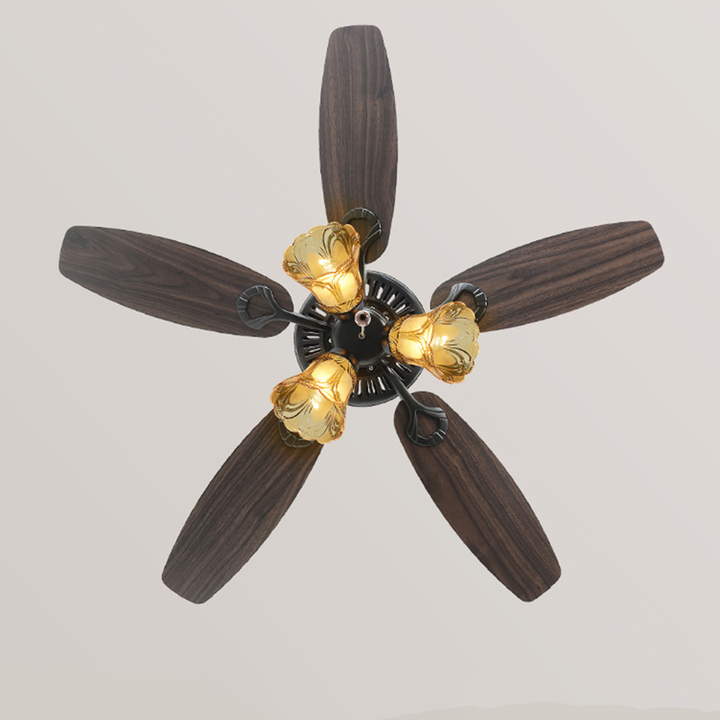 Lámpara de ventilador de techo con varillas descendentes y pantalla de campana europea tradicional para sala de estar 