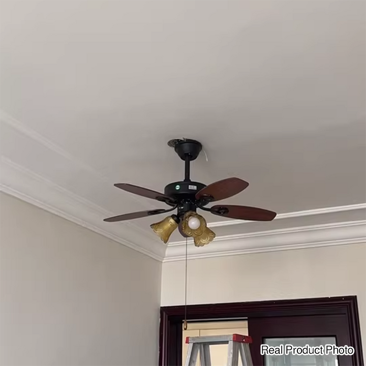 Lámpara de ventilador de techo con varillas descendentes y pantalla de campana europea tradicional para sala de estar 