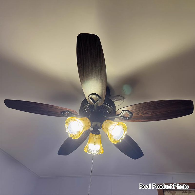 Lámpara de ventilador de techo con varillas descendentes y pantalla de campana europea tradicional para sala de estar 