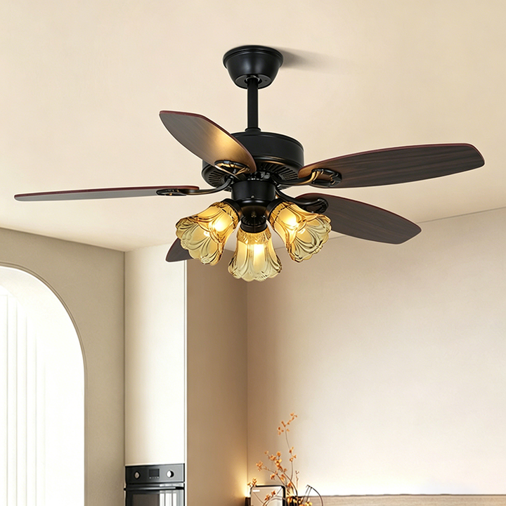 Traditional European Bell Shade Downrods Ceiling Fan Light For Living Room