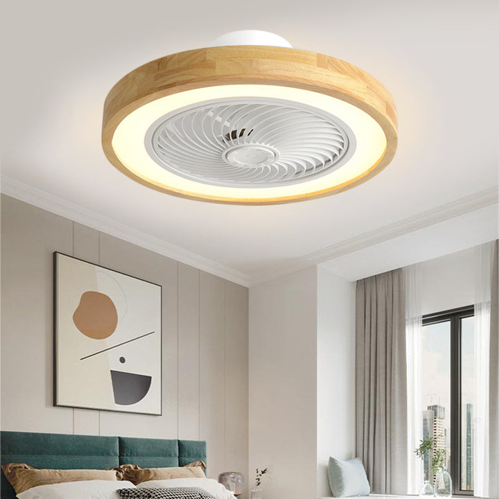 Moderner minimalistischer Holz-geometrischer LED-Halbeinbau-Deckenventilator mit Licht 