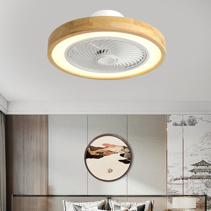 Moderner minimalistischer Holz-geometrischer LED-Halbeinbau-Deckenventilator mit Licht 
