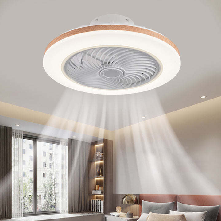 Moderner minimalistischer Holz-geometrischer LED-Halbeinbau-Deckenventilator mit Licht 