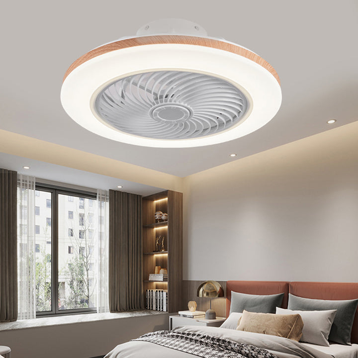Moderner minimalistischer Holz-geometrischer LED-Halbeinbau-Deckenventilator mit Licht 