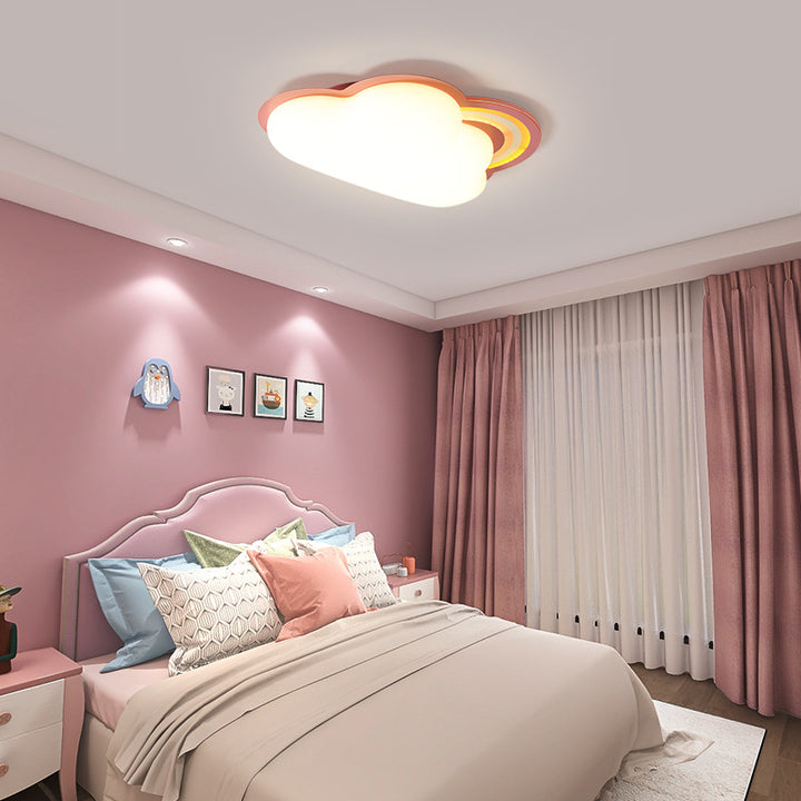 Moderne kreative LED-Deckenleuchte für Kinder mit Regenbogen-Hardware, PE-Wolken und flacher Montage 