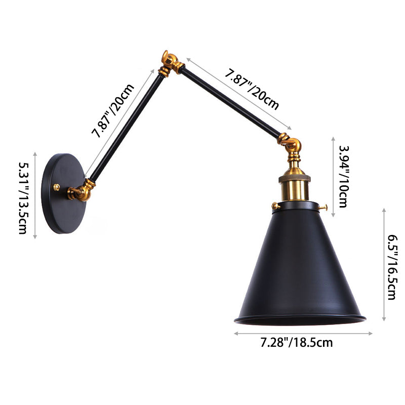 Zeitgenössische industrielle 1-flammige Wandleuchte mit Schwenkarm aus Aluminium, Zink und Eisen in Kegelform für Wohnzimmer &amp; Schlafzimmer 