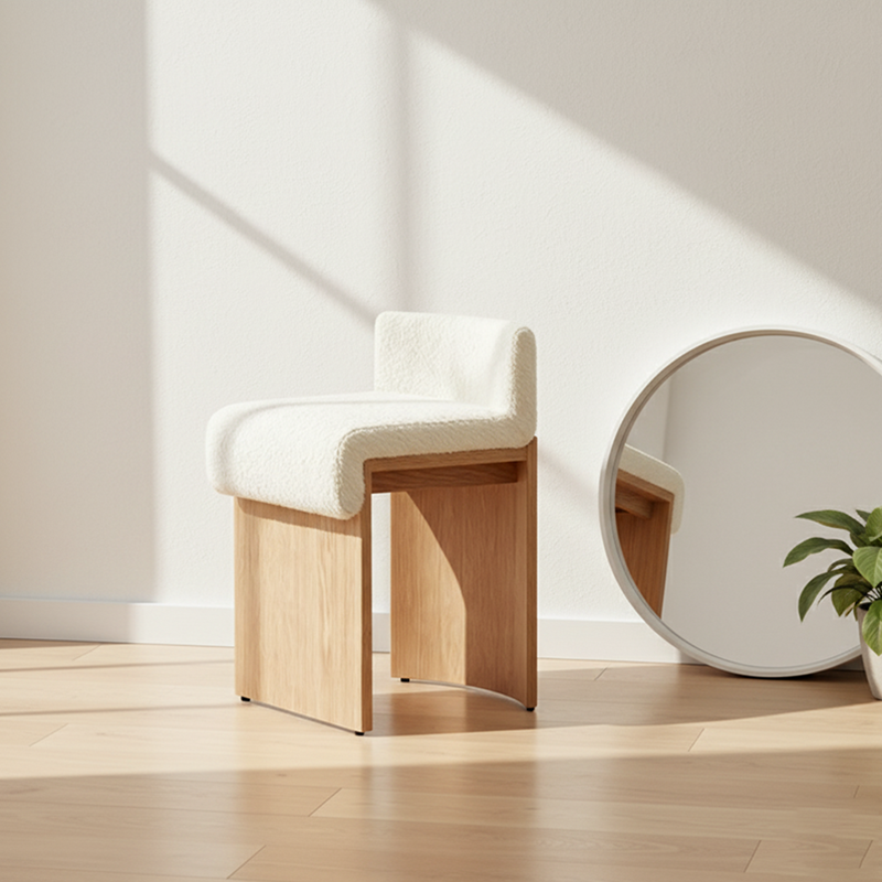 Plush Sherpa Fabric Vanity Stool - Ergonomic Durable Solid Wood Multi-Layer Board Stool For Bedroom