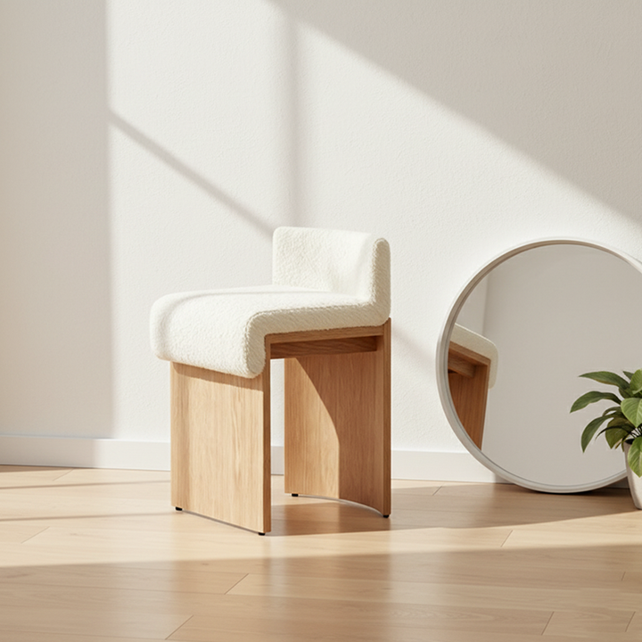 Plush Sherpa Fabric Vanity Stool - Ergonomic Durable Solid Wood Multi-Layer Board Stool For Bedroom