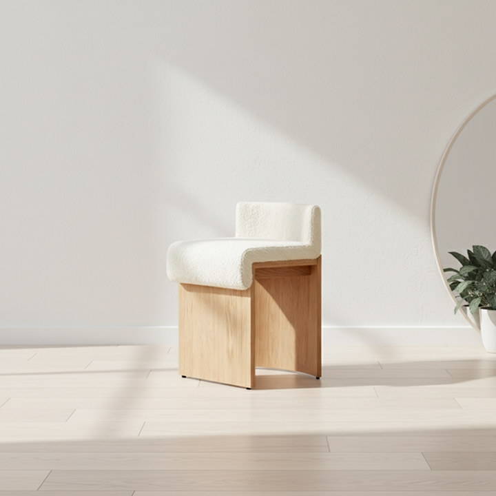 Plush Sherpa Fabric Vanity Stool - Ergonomic Durable Solid Wood Multi-Layer Board Stool For Bedroom