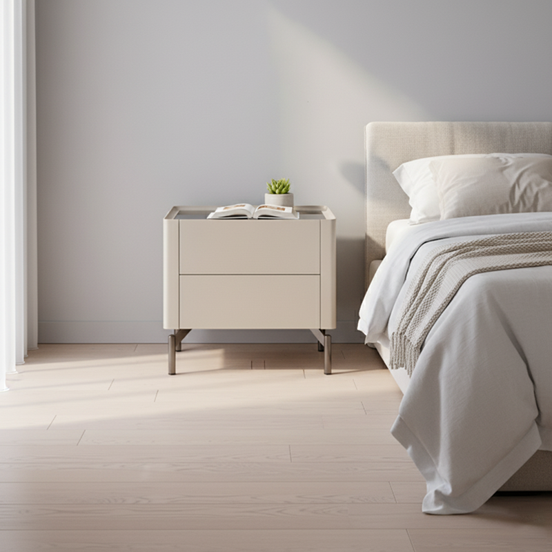 Eco-Conscious Minimalist Nightstand - Rust-Resistant Stainless Steel Base &amp; Smooth 2-Drawer Bedside Table For Bedroom &amp; Living Room