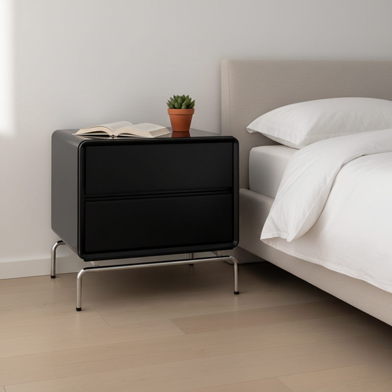 Nordic Rectangular Design Nightstand - E1 Eco-Friendly MDF & Stable Stainless Steel Base Bedside Table 2-Drawer For Bedroom