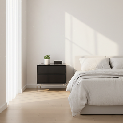 Nordic Rectangular Design Nightstand - E1 Eco-Friendly MDF & Stable Stainless Steel Base Bedside Table 2-Drawer For Bedroom