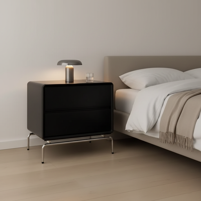 Nordic Rectangular Design Nightstand - E1 Eco-Friendly MDF & Stable Stainless Steel Base Bedside Table 2-Drawer For Bedroom