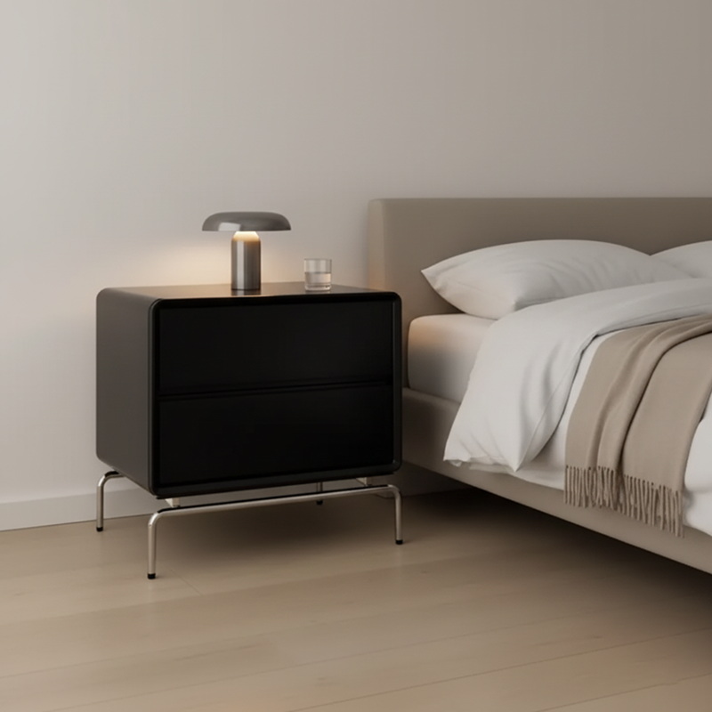 Nordic Rectangular Design Nightstand - E1 Eco-Friendly MDF & Stable Stainless Steel Base Bedside Table 2-Drawer For Bedroom