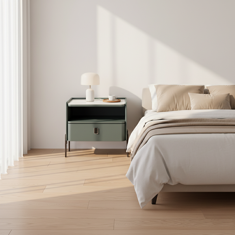 Traditional French-Style Nightstand - Eco-Friendly MDF & Durable Rock Slab Bedside Table 1-Drawer For Bedroom & Living Room