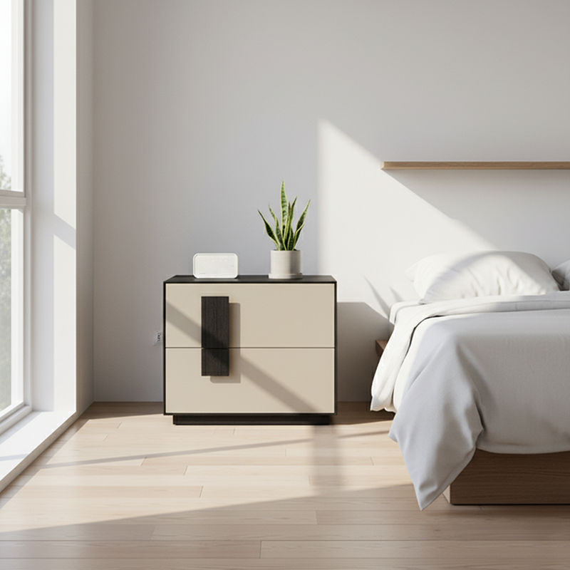 Contrast-Tone Vintage Nightstand - Wear-Resistant Wood Veneer Bedside Table 2-Drawer For Bedroom