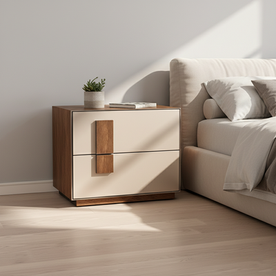 Contrast-Tone Vintage Nightstand - Wear-Resistant Wood Veneer Bedside Table 2-Drawer For Bedroom