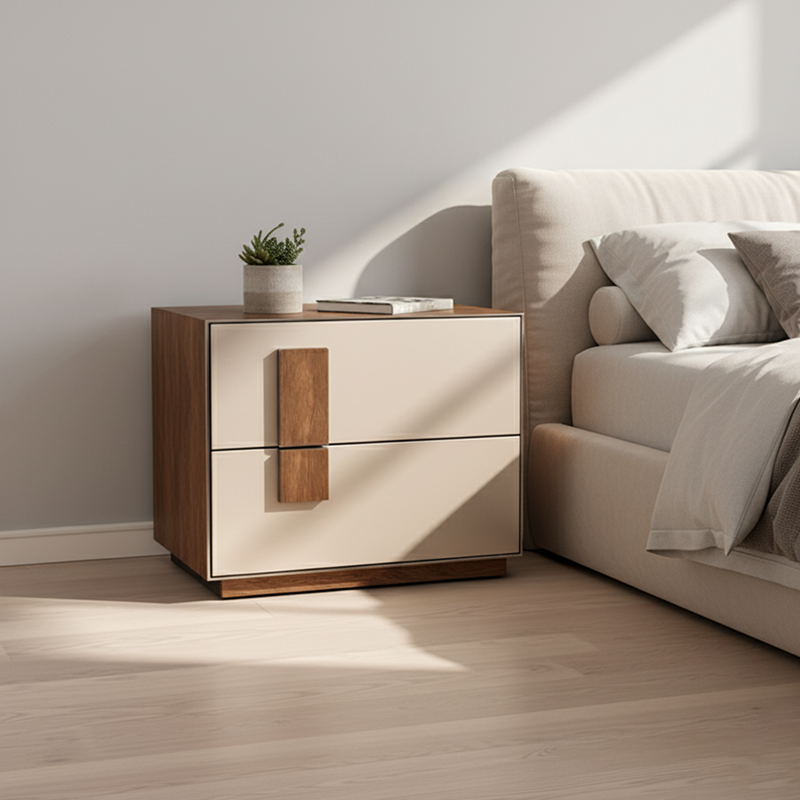 Contrast-Tone Vintage Nightstand - Wear-Resistant Wood Veneer Bedside Table 2-Drawer For Bedroom
