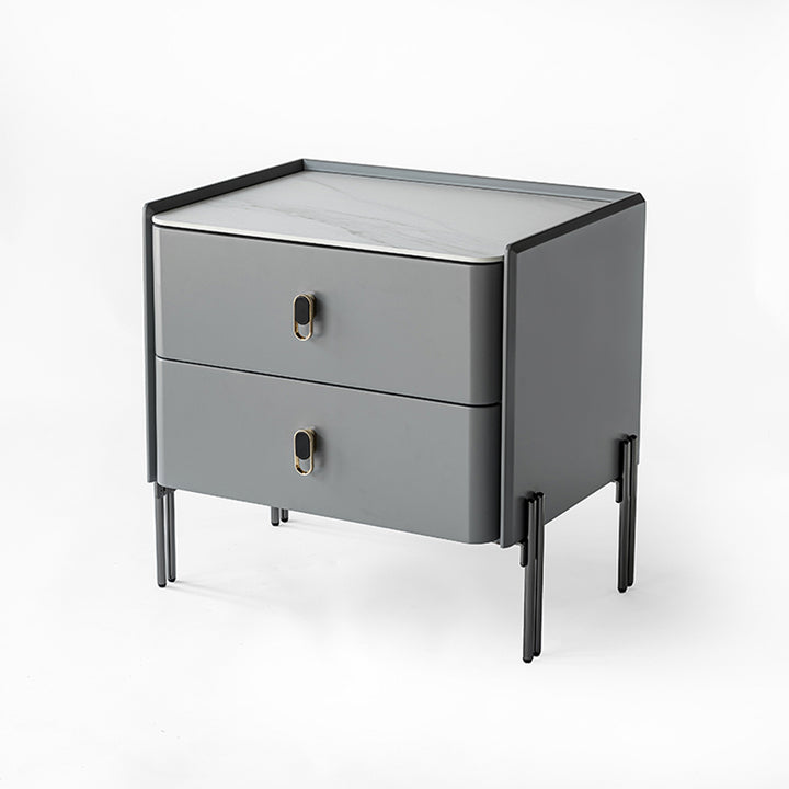 Eco-Friendly Scandinavian Nightstand - Rock Slab Tabletop &amp; Corrosion-Resistant Legs Bedside Table 2-Drawer For Bedroom