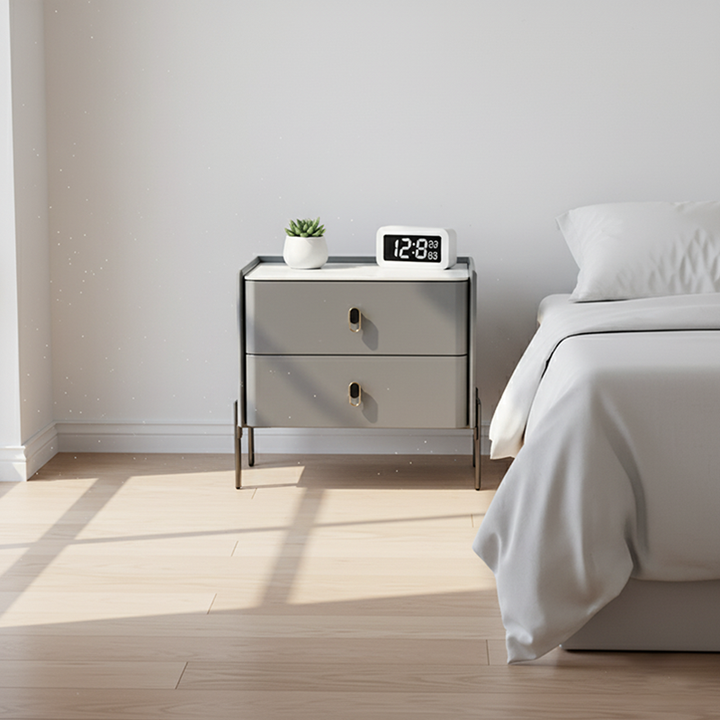Eco-Friendly Scandinavian Nightstand - Rock Slab Tabletop & Corrosion-Resistant Legs Bedside Table 2-Drawer For Bedroom