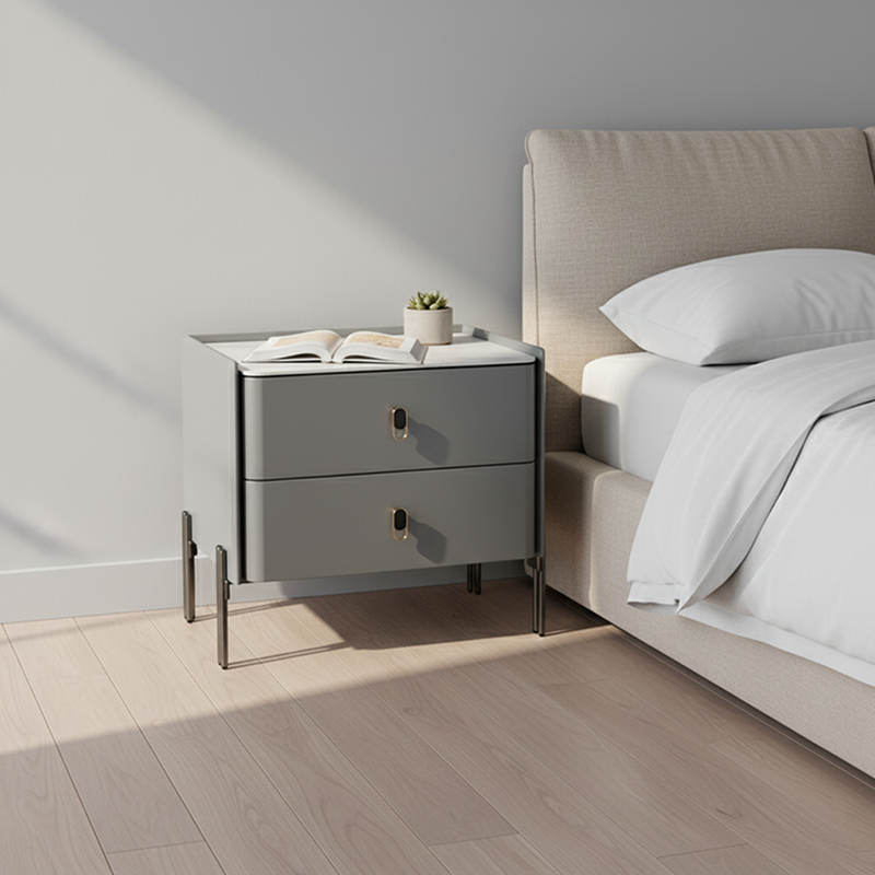 Eco-Friendly Scandinavian Nightstand - Rock Slab Tabletop &amp; Corrosion-Resistant Legs Bedside Table 2-Drawer For Bedroom