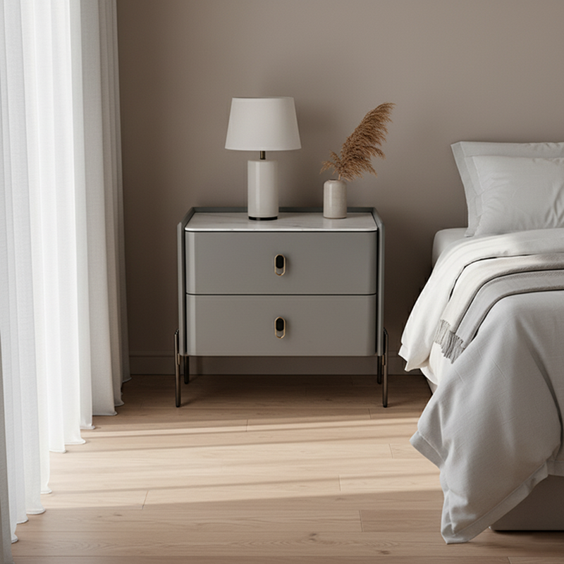 Eco-Friendly Scandinavian Nightstand - Rock Slab Tabletop &amp; Corrosion-Resistant Legs Bedside Table 2-Drawer For Bedroom