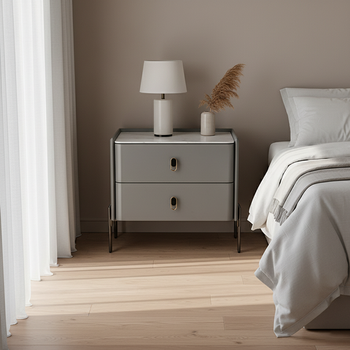 Eco-Friendly Scandinavian Nightstand - Rock Slab Tabletop & Corrosion-Resistant Legs Bedside Table 2-Drawer For Bedroom