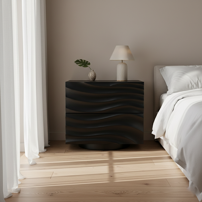 Romantic French Nightstand - Wave-Patterned Surface Solid Wood Multi-Layer Board Bedside Table 2-Drawer For Bedroom