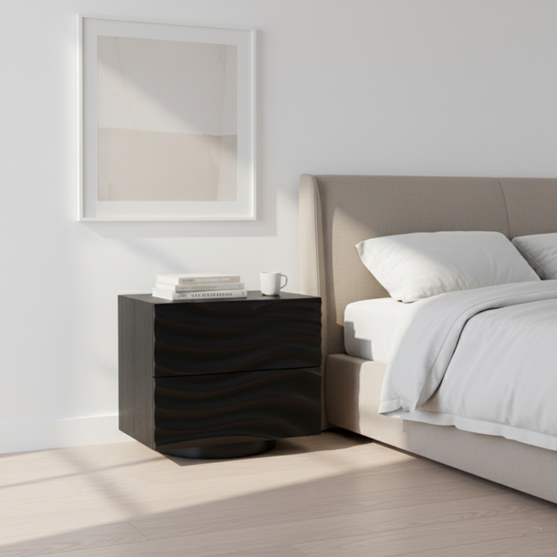 Romantic French Nightstand - Wave-Patterned Surface Solid Wood Multi-Layer Board Bedside Table 2-Drawer For Bedroom