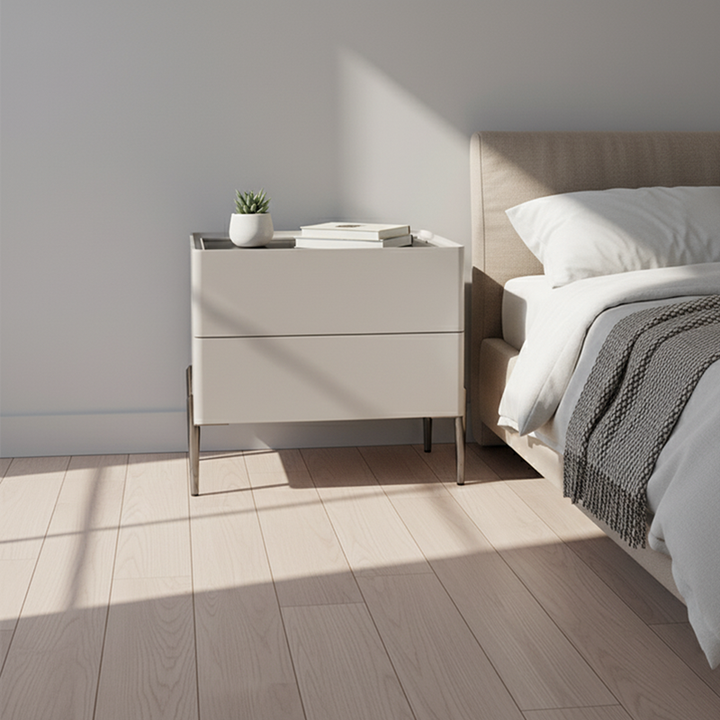 Sleek Minimalist Nightstand - Built-In Wireless Charging Bedside Table 2-Drawer For Bedroom & Living Room