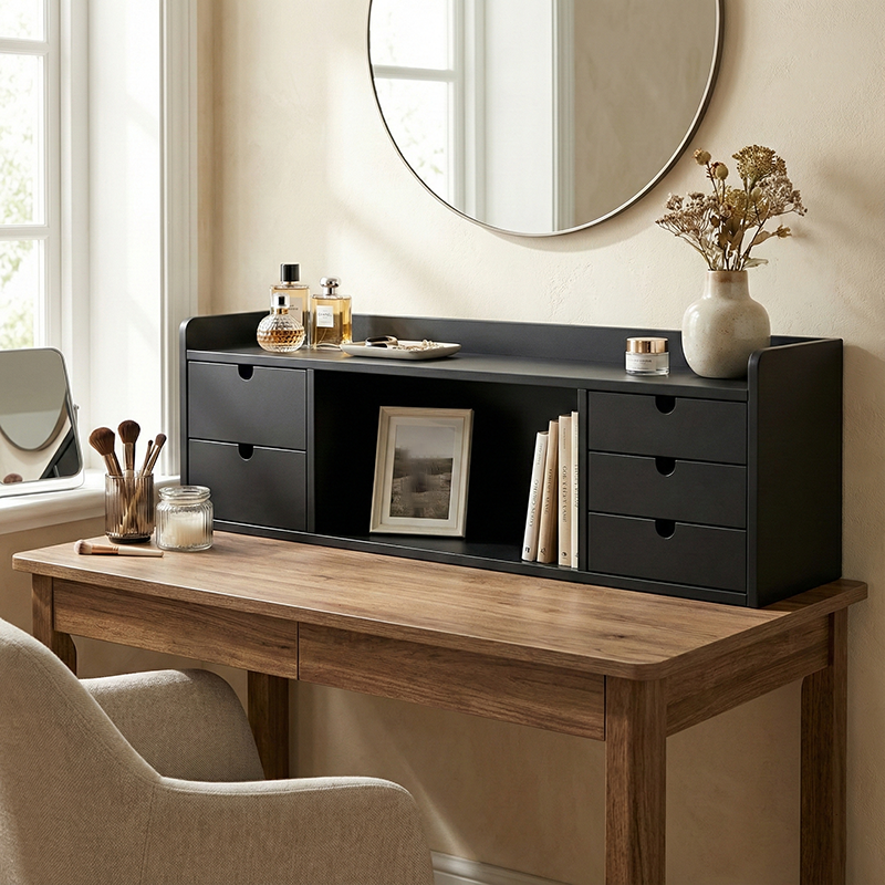 Sleek Black Vanity Storage Shelf - Organized Beauty Storage Rack 5-Drawer For Bedroom