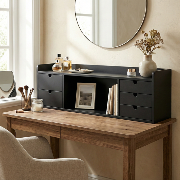 Sleek Black Vanity Storage Shelf - Organized Beauty Storage Rack 5-Drawer For Bedroom