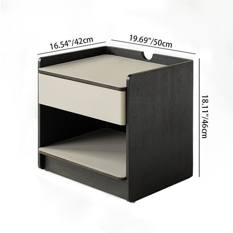 Table de chevet contemporaine en cuir avec bord courbé - Rangement ouvert, 1 tiroir, pour chambre à coucher 