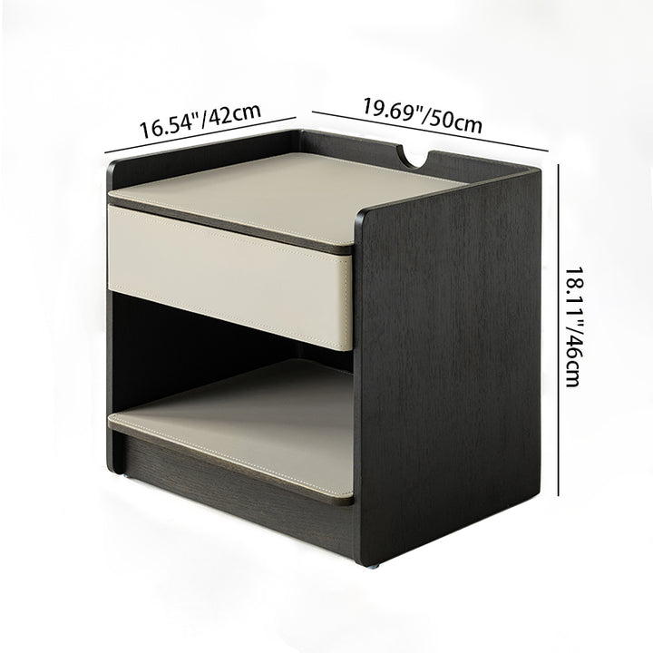 Table de chevet contemporaine en cuir avec bord courbé - Rangement ouvert, 1 tiroir, pour chambre à coucher 