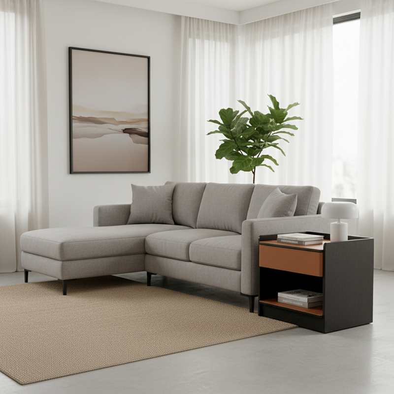 Table de chevet contemporaine en cuir avec bord courbé - Rangement ouvert, 1 tiroir, pour chambre à coucher 