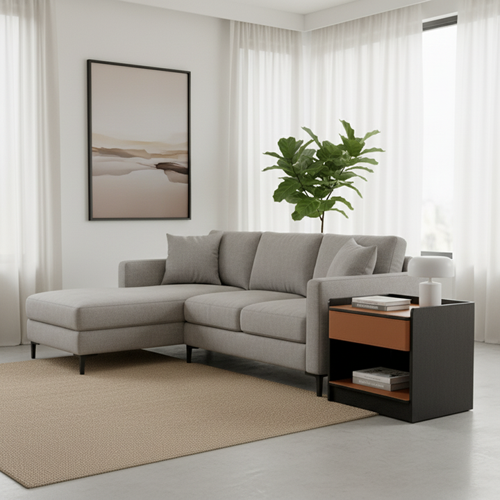 Table de chevet contemporaine en cuir avec bord courbé - Rangement ouvert, 1 tiroir, pour chambre à coucher 