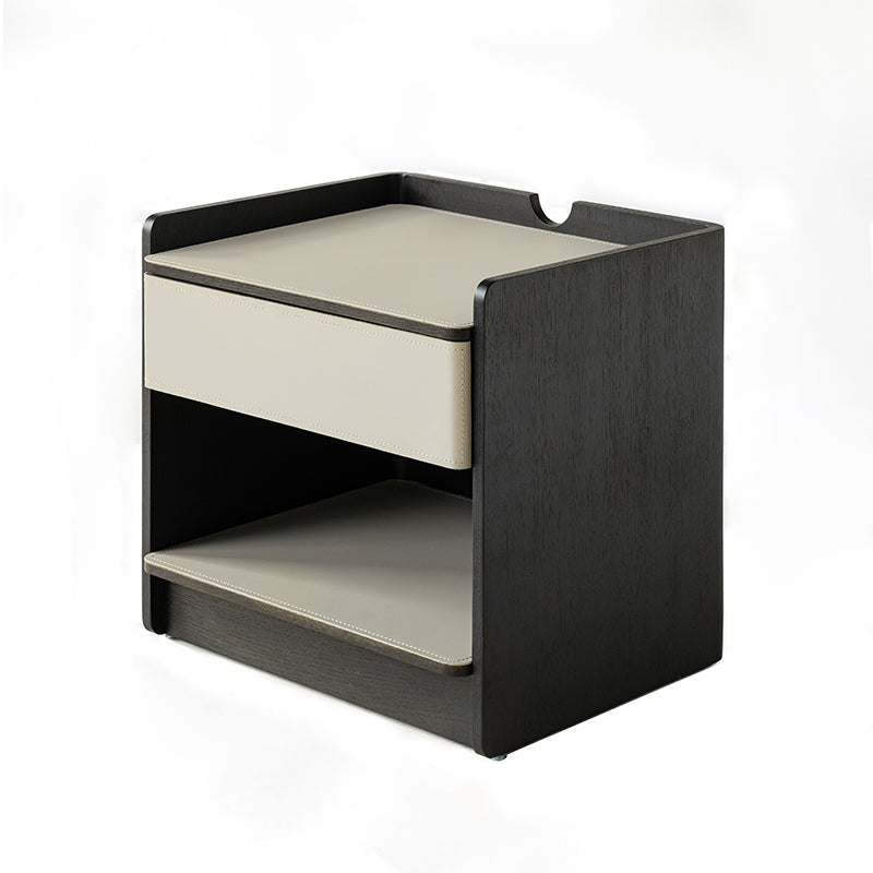 Table de chevet contemporaine en cuir avec bord courbé - Rangement ouvert, 1 tiroir, pour chambre à coucher 