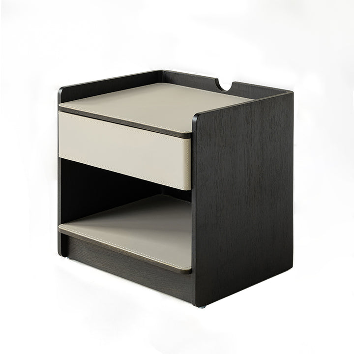 Table de chevet contemporaine en cuir avec bord courbé - Rangement ouvert, 1 tiroir, pour chambre à coucher 