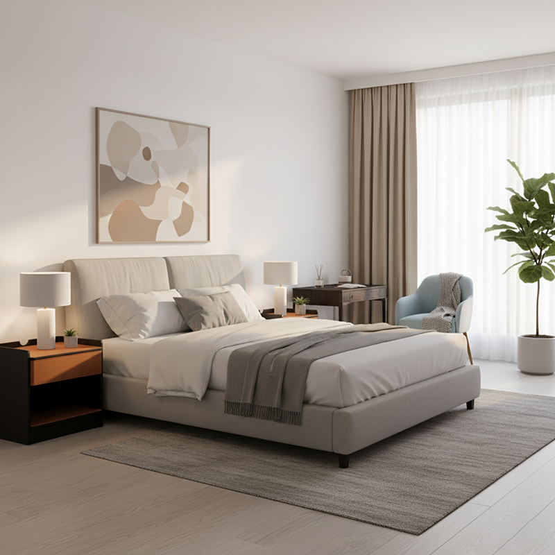Table de chevet contemporaine en cuir avec bord courbé - Rangement ouvert, 1 tiroir, pour chambre à coucher 