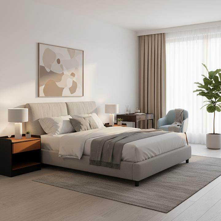 Table de chevet contemporaine en cuir avec bord courbé - Rangement ouvert, 1 tiroir, pour chambre à coucher 